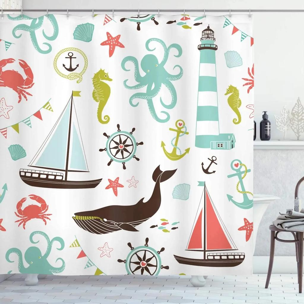 Colorful Cartoons Fish Shark Shower Curtains Ocean Life Children's Bathroom Home Decor Cloth Curtain Set Waterproof Bath Screens