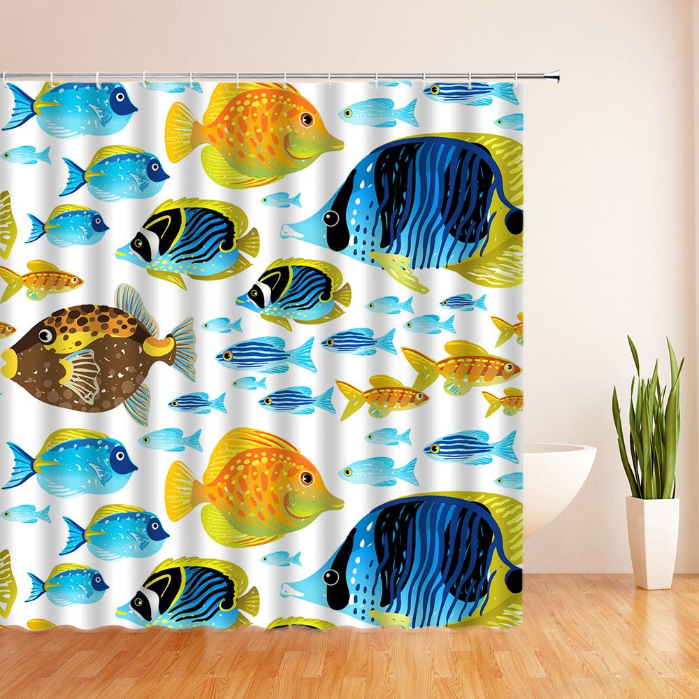 Ocean Colorful Fish Cartoon Shower Curtains Bathroom Curtain Waterproof Polyester Fabric Decor Bath Curtain 180*180Cm With Hooks