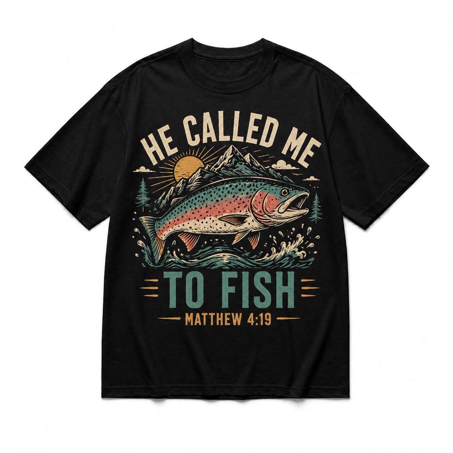 Christian Fishing T-Shirt – Vintage Trout Graphic, Matthew 4:19 Faith Tee 4XL
