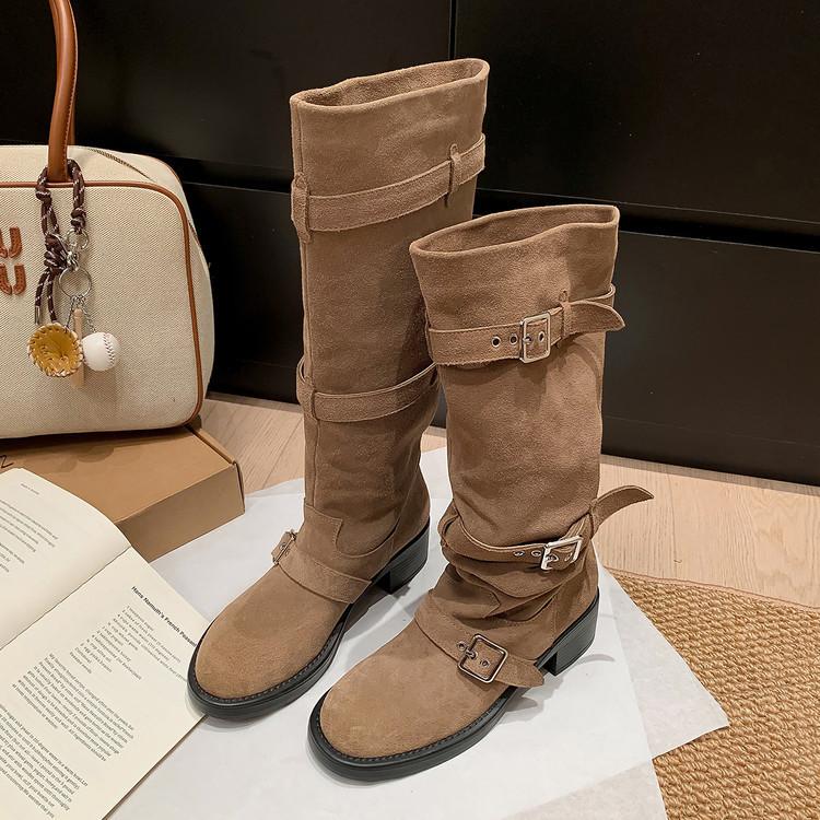 

2025 autumn and winter temperament thin ins leather buckle belt pleated knight boots genuine leather but knee boots children 39 хаки