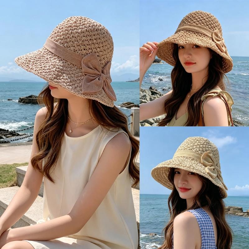 Elegant Bows Straw Hat for Women Breathable Summer Beach Hat Sun Protections Wide Brims Fisherman Cap
