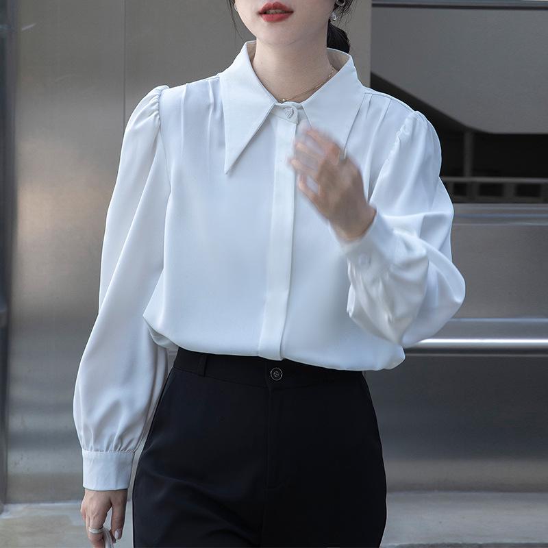 

2025 Женский шифоновый топ с длинным рукавом в корейском стиле - Универсальная, свободная, модная рубашка однотонной расцветки S белый