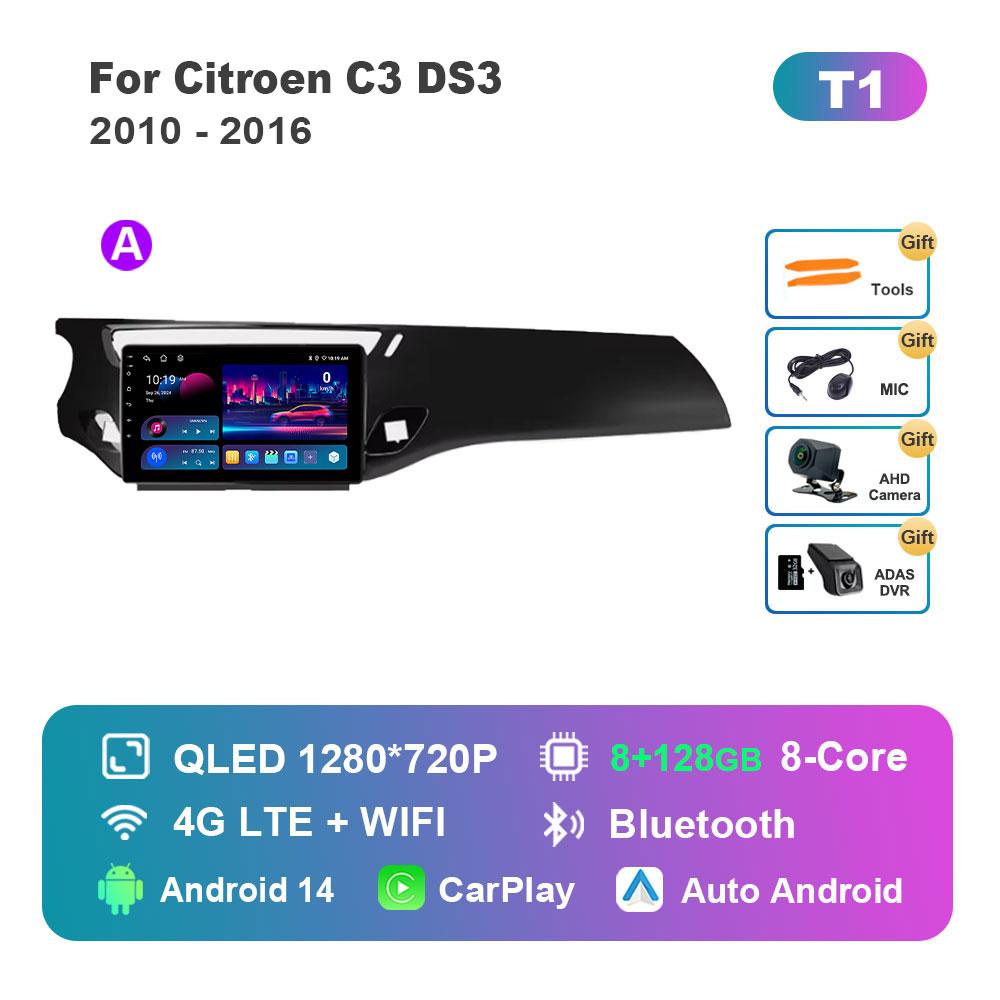 Car Video Multimedia Player DSP Stereo for Citroen C3 DS3 2010 - 2016 Android 14 System GPS Navi WiFi IPS Screen 4G Bluetooth