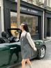 Women's Gray Square Neck Suspender Dress - Sweet or Salty Style, Autumn/Winter 2023, Loose Slim Fit, Layered Short Skirt.