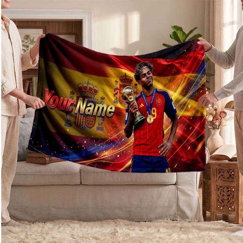 Coperta in pile personalizzata Lamine Yamal con logo del calcio, testo con nome personalizzato, morbida, calda, coperta da divano per la casa
