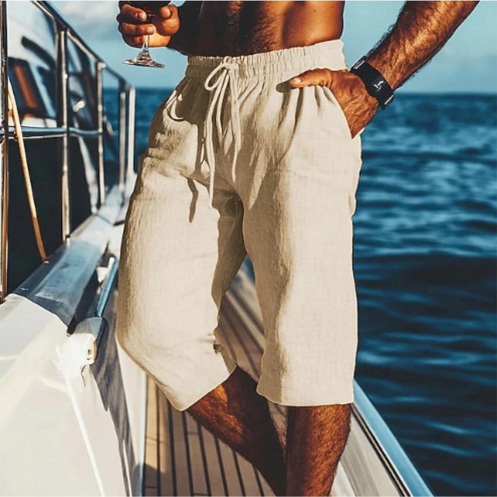 Men's -color Casual Cotton And Linen Loose-fitting Seven-inch Shorts