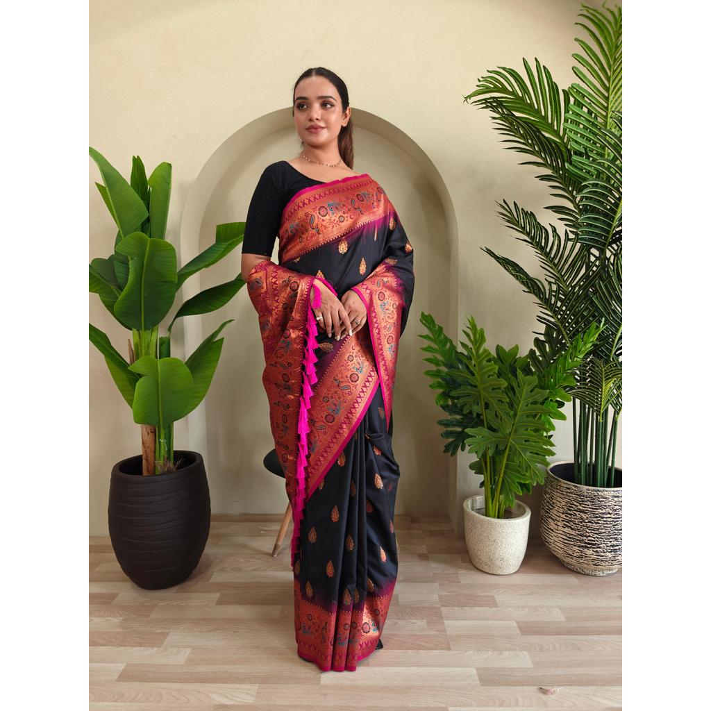 Paithani Silk Sarees  with Unique Peacock Motifs and Meenakari Work Having Contrast Pallu and Designer Contrast Border. With Tassels.