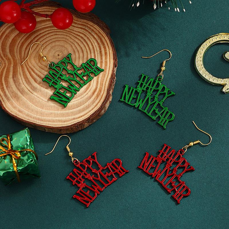 2026 Fashion Happy New Year Earrings Jewelry Green Red Color Christmas Earrings For Women Girls Gifts