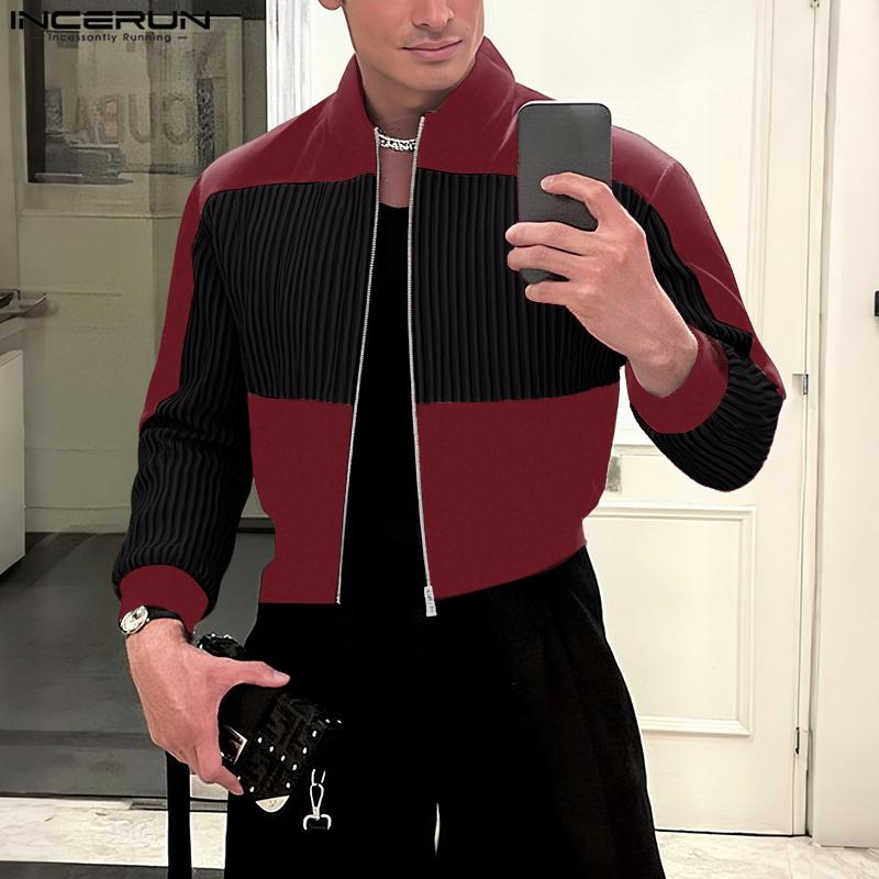 INCERUN Men Long Sleeve Stitching Zipper Up Texture Jackets Short Coats