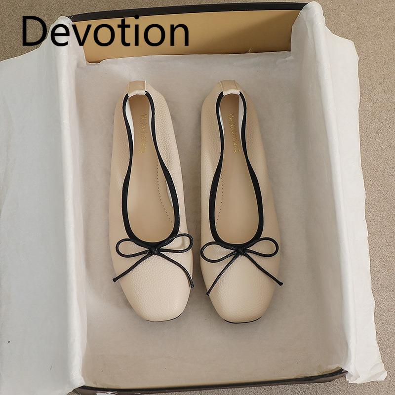 Square head single shoes female flat bow shallow mouth soybean shoes small fragrant wind soft bottom ballet shoes Devotion