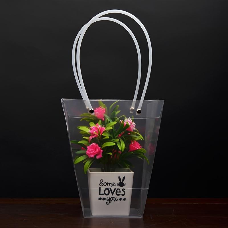 10 Pcs Floral Bags Clear Flower Bouquet Bag with Handle Florist Gift Bags Packaging Plastic Gift Bags for Birthday Wedding Anniversary Housewarming