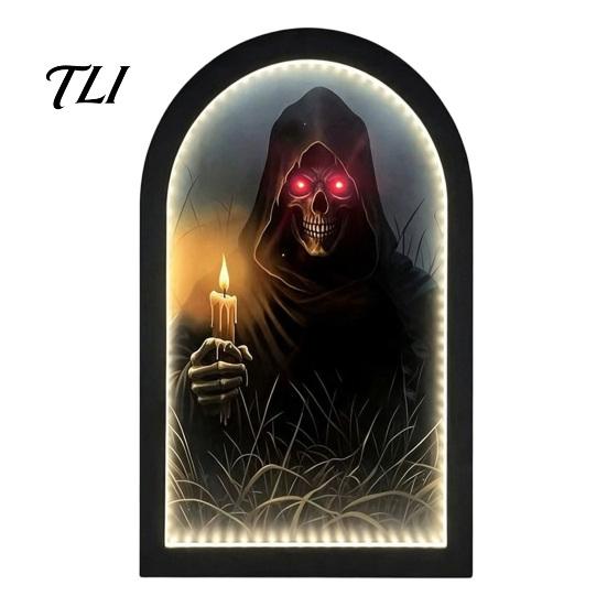 Lighted Wall Decor Light Up Ghost Mirror, Arched Wooden Frame Ghost/Grim Reaper Halloween Creepy Desktop Mirror Soft Ambient Decorative for