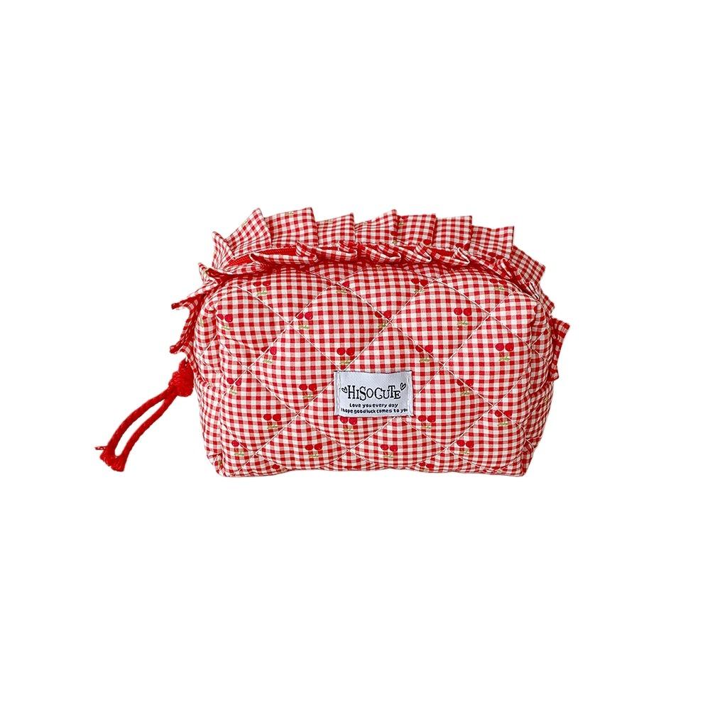 Cute Design Korean Cherry Pencil Case Large Capacity Cloth Plaid Pen Bag  Children