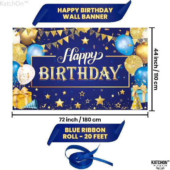 KatchOn, XtraLarge Gold and Blue Happy Birthday Banner - 72x44 Inch | Blue and Gold Birthday Backdrop for Happy Birthday Decorations | Party