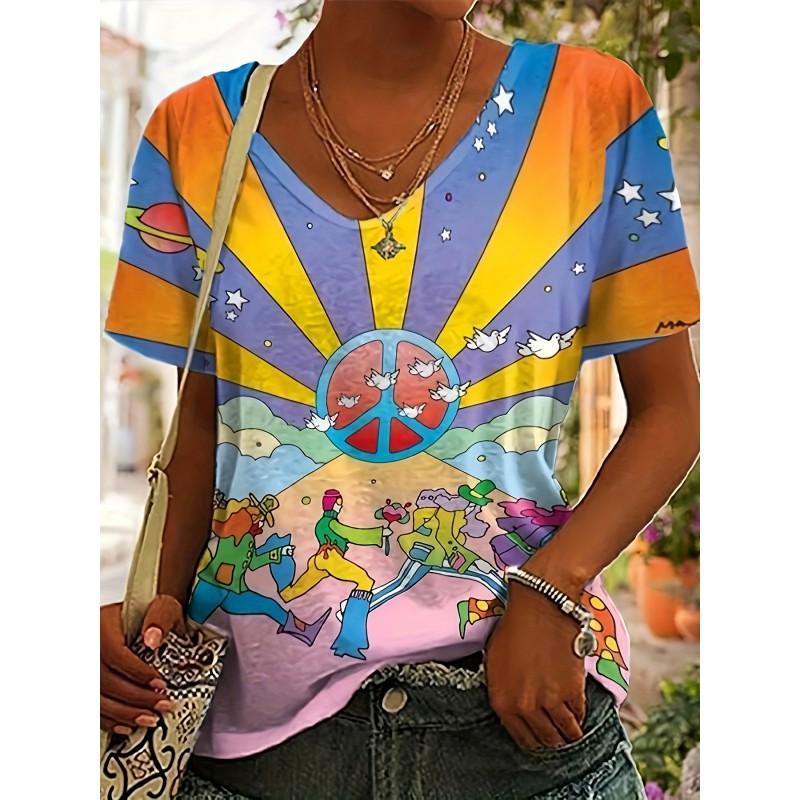 Womens V-Neck Short Sleeve T-Shirt With 3D Printed Striped Loose Fit Casual Chic Top 2025