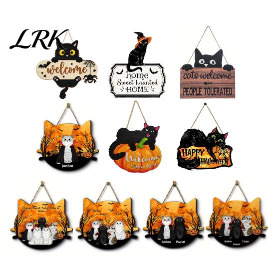 2D Flat Wood Sign Halloween Hanging Door Sign, Cute Cat Wooden Front Pet Name Tag Hanger with Hemp Rope for Porch Wall Indoor Home Decor
