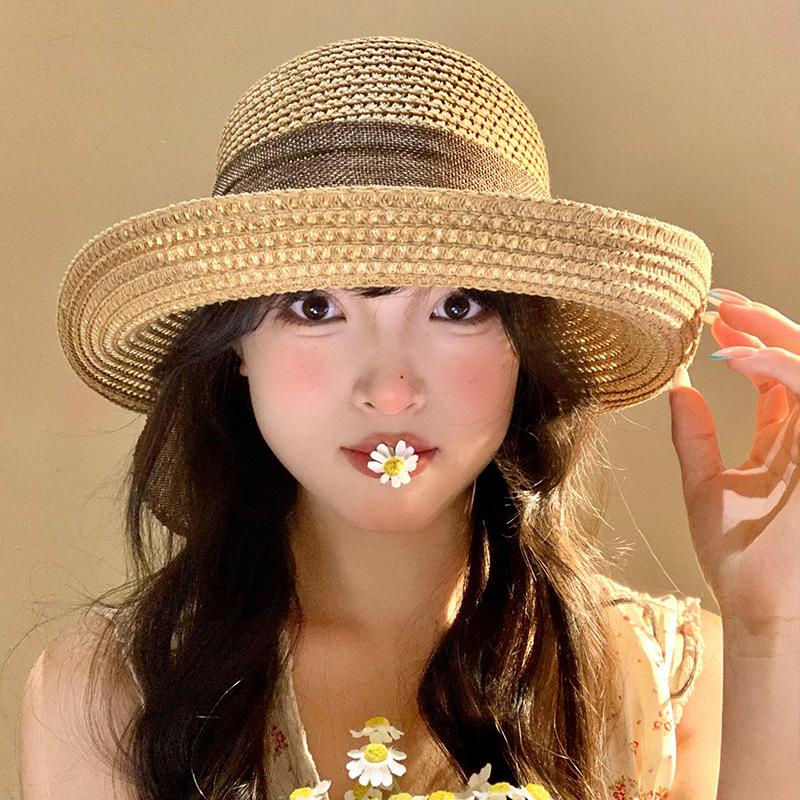 Bow Streamer Straw Hat Women's Summer Seaside Beach Vacation Wind Sun Hat French Retro Sunshade Sun Hat