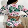 Women's Split Body With Bra Pads No Steel Bra Printed Zipper Swimsuit Long Sleeve Swimsuit
