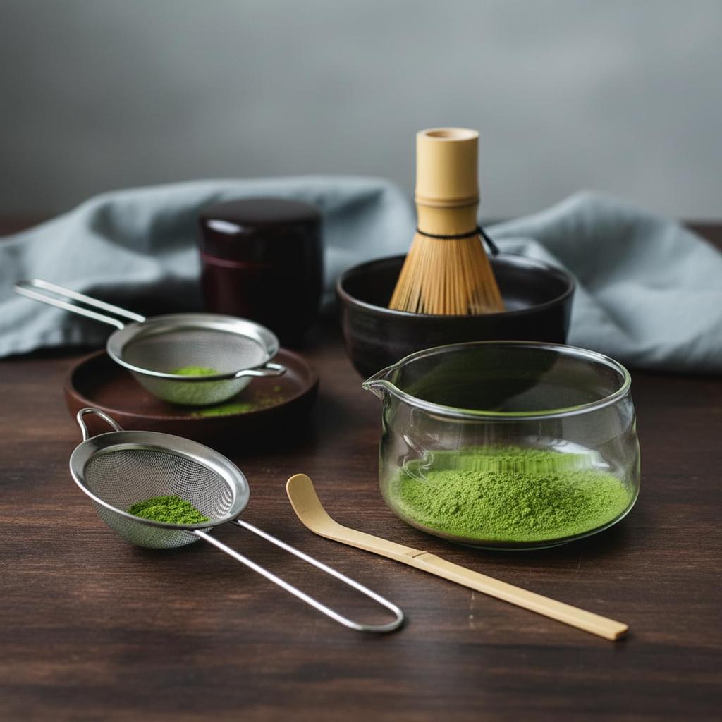 Minimood Matcha Tea Ceremony Set: Includes whisk, tea strainer, tea scoop, heat-resistant glass matcha bowl, and whisk stand. 5-piece set in a modern