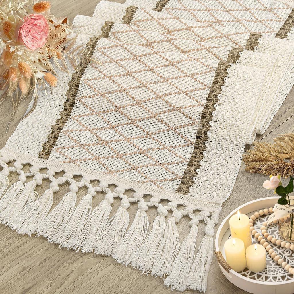 Nordic Light Luxury Cotton Linen Color Block Tassel Table Runner