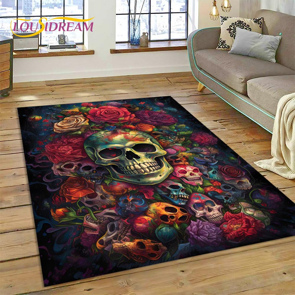 Cartoon Horrible Gothic Skull Flowers Carpet Rug for Home Living Room Bedroom Sofa Doormat Decor,Kid Area Rug Non-slip Floor Mat