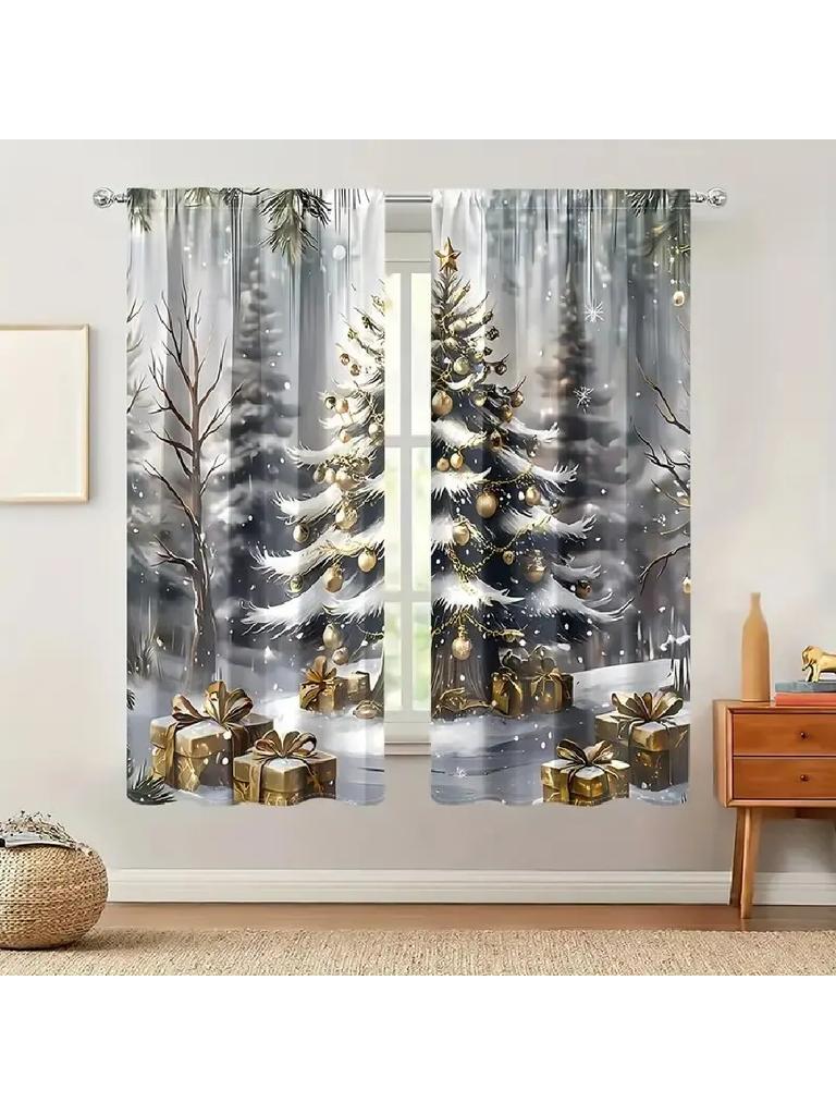 2pcs Elegant Golden Christmas Tree & Gift Pattern Curtains, Designed for Light Blocking, Premium Material, Suitable for Christma
