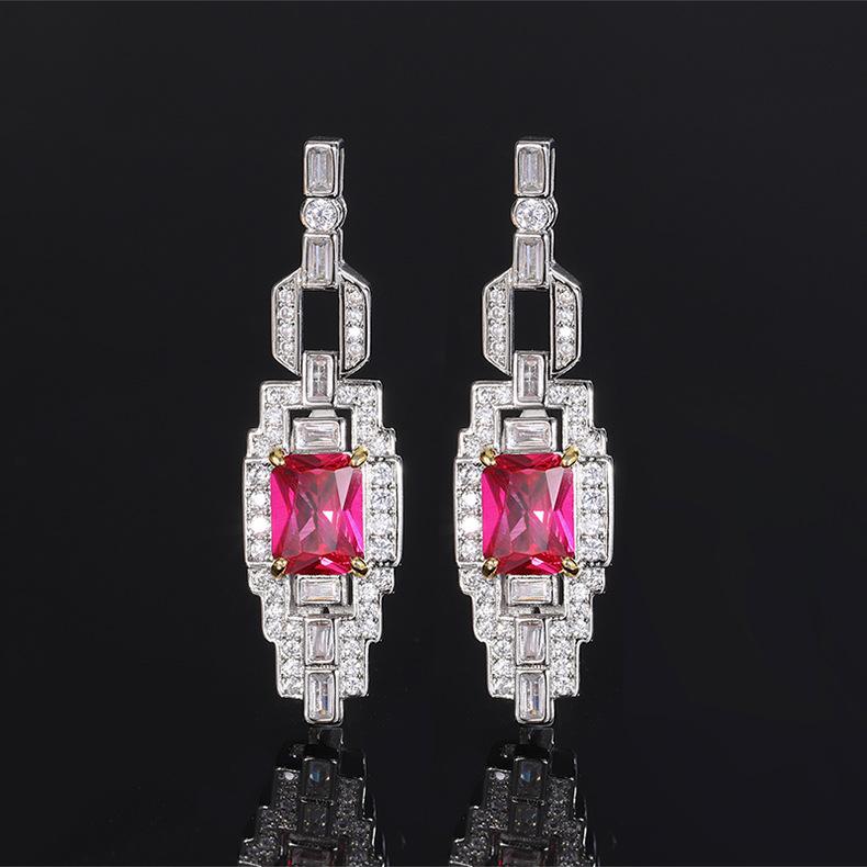 Simulated colored treasure zircon earrings, emerald earrings, square diamond-encrusted red corundum earrings, pink zirconium earrings.