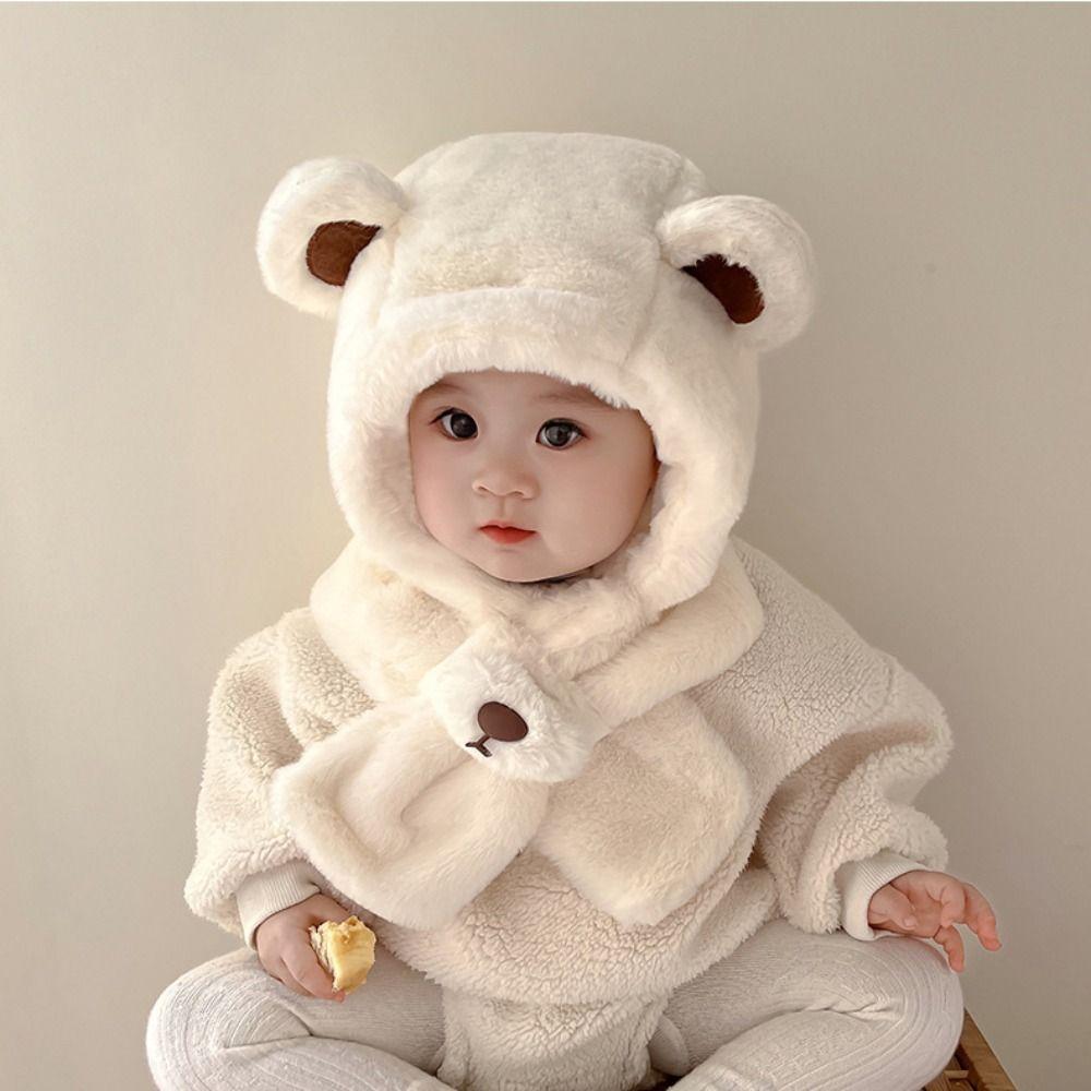 Solid Color Children Fleece Hat Korean Style Plush Hat with Scarf Bear Plush Hat Ear Protector