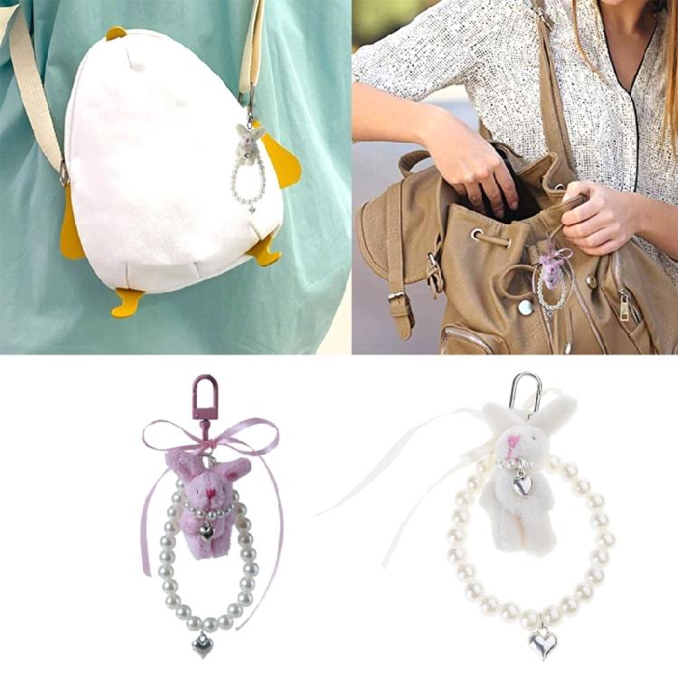 Plush Rabbit Pendant Stuffed Doll Girl Backpack Decor Heart Pearl Keychain Gift