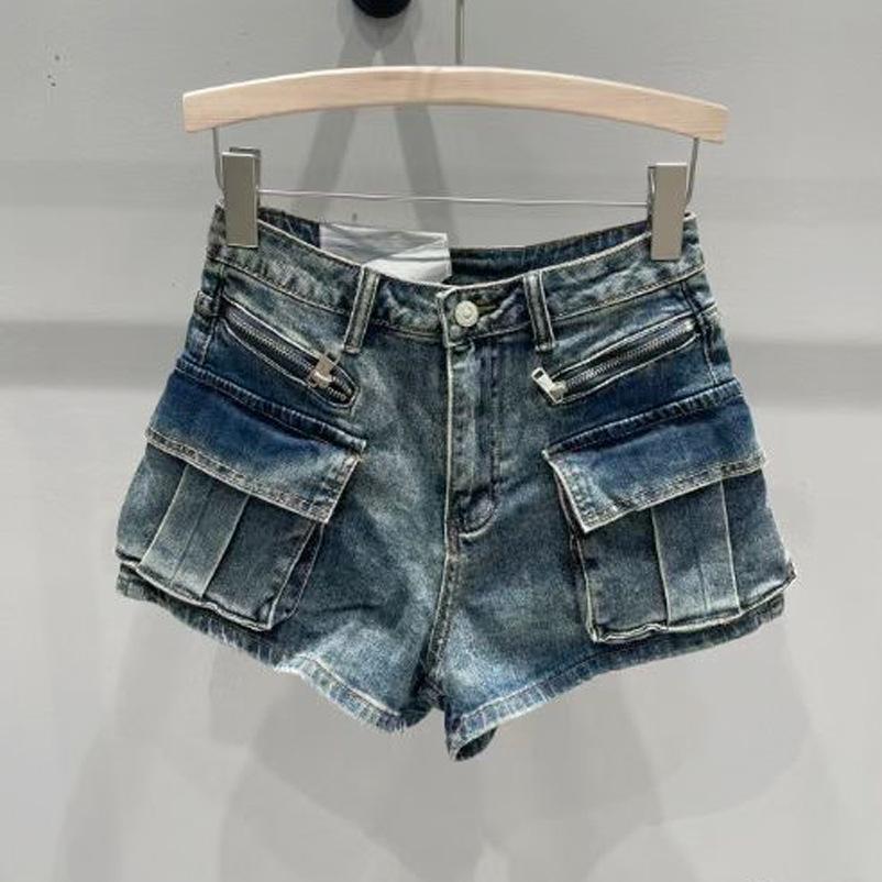 Spring new retro American high waist and thin big pocket overalls three-point denim wide-leg shorts women s trend S