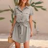 Women's Dress Casual Fashion Solid Color Shirt Pocket Button Sleeve Dress