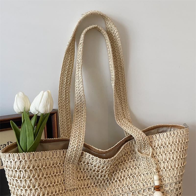 Woven Straw Tote with Tassel Accent and Spacious Interior for Summer Beach or Casual Daily Use