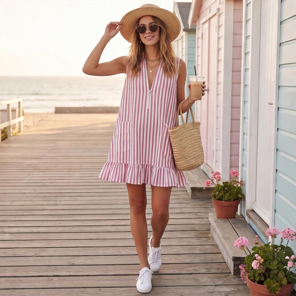 Women Sleeveless V Neck Striped Dress with Ruffle Hem Loose Fit Vintage Style Casual Wear for Daily and Vacation Outfits