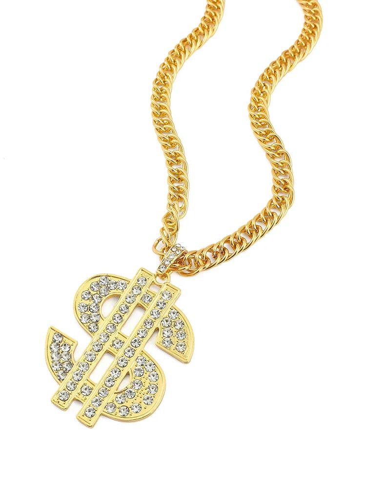 Full of Rheinstone Hip Hop Golden Dollar Sign Pendant Necklace Men Women Punk Fashion Rock Rap Jewelry Gift