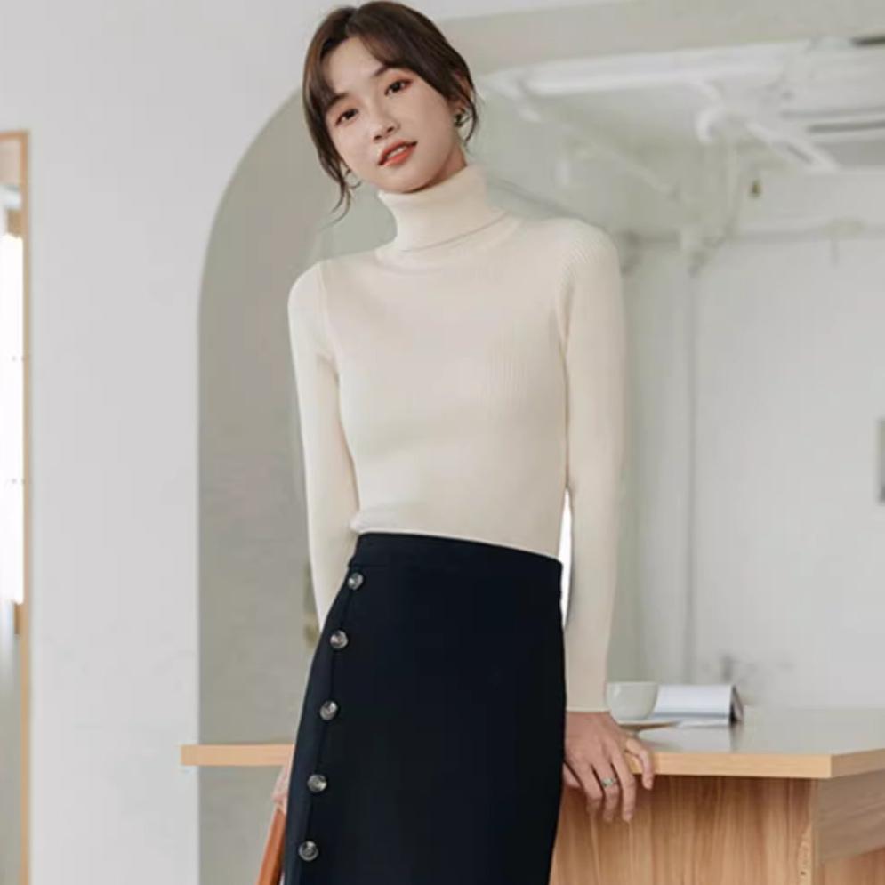 

осень зима водолазка вязаный свитер женский длинный рукав приталенный утолщенный пуловер универсальные базовые топы черный белый свитера One Size