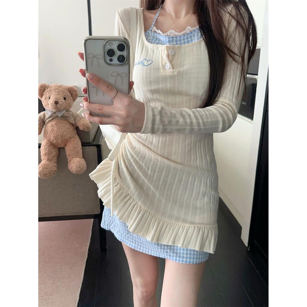 Pure Desire Style Fake Two-piece Dress Spring New Skirt Design Spice Girl Irregular Waist Splicing Skirt