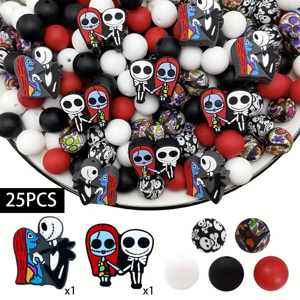25PCS Multi-Size Halloween-Themed Silicone Beads Set, Perfect for DIY Craft Projects Like Keychains, Necklaces, Bracelets & More