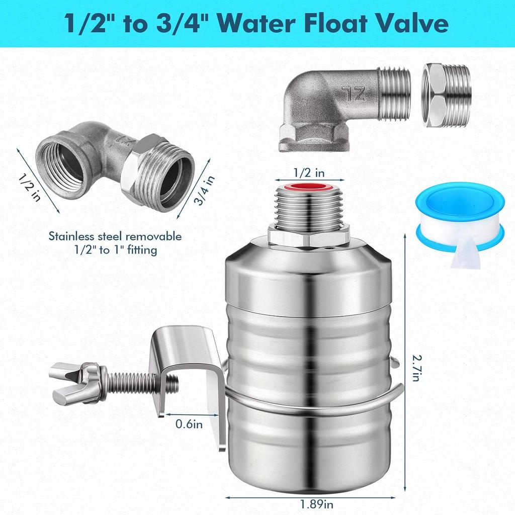 3 Pack Water Float Valve 1/2" To 3/4'' Auto Shut Off Water Tank Float Valve 304 Stainless Steel Fully Automatic Level Control for Pool, Livestock