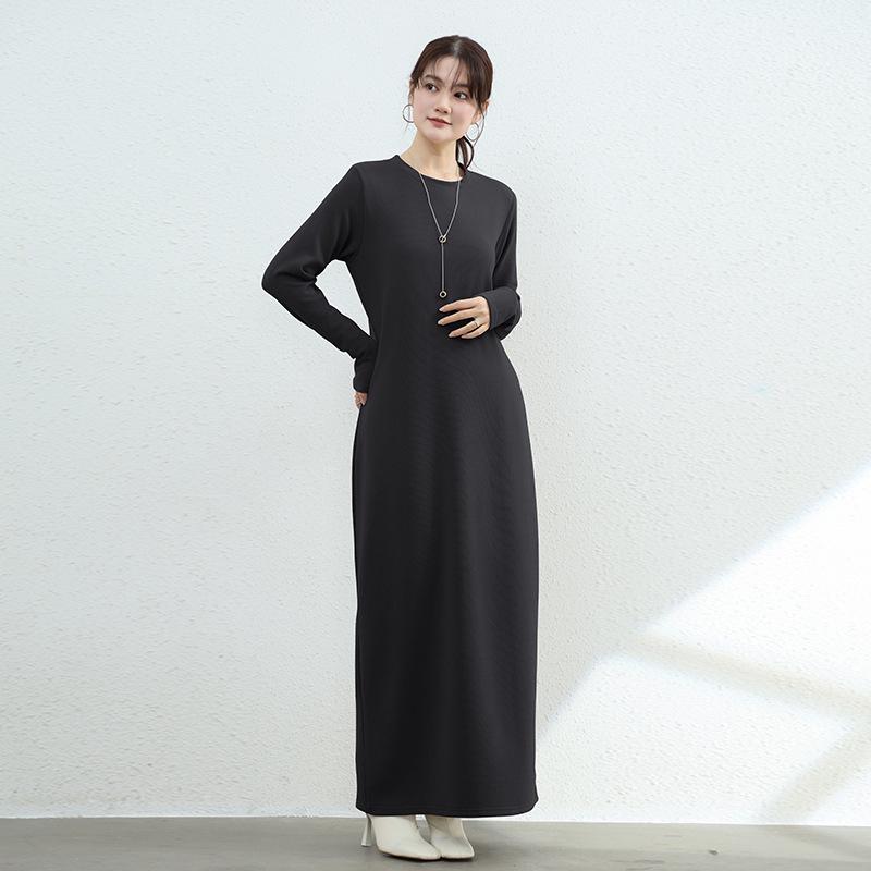 Autumn-Winter Japanese Style Brushed Wool Round Neck Long Sleeve Slimming Warm Dress for Women