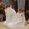 2025 New Women Lace-Up Platform Outdoor Wedge Invisible Heel Canvas Shoes Wedge Side Zipper Increased High Breathable Sneakers
