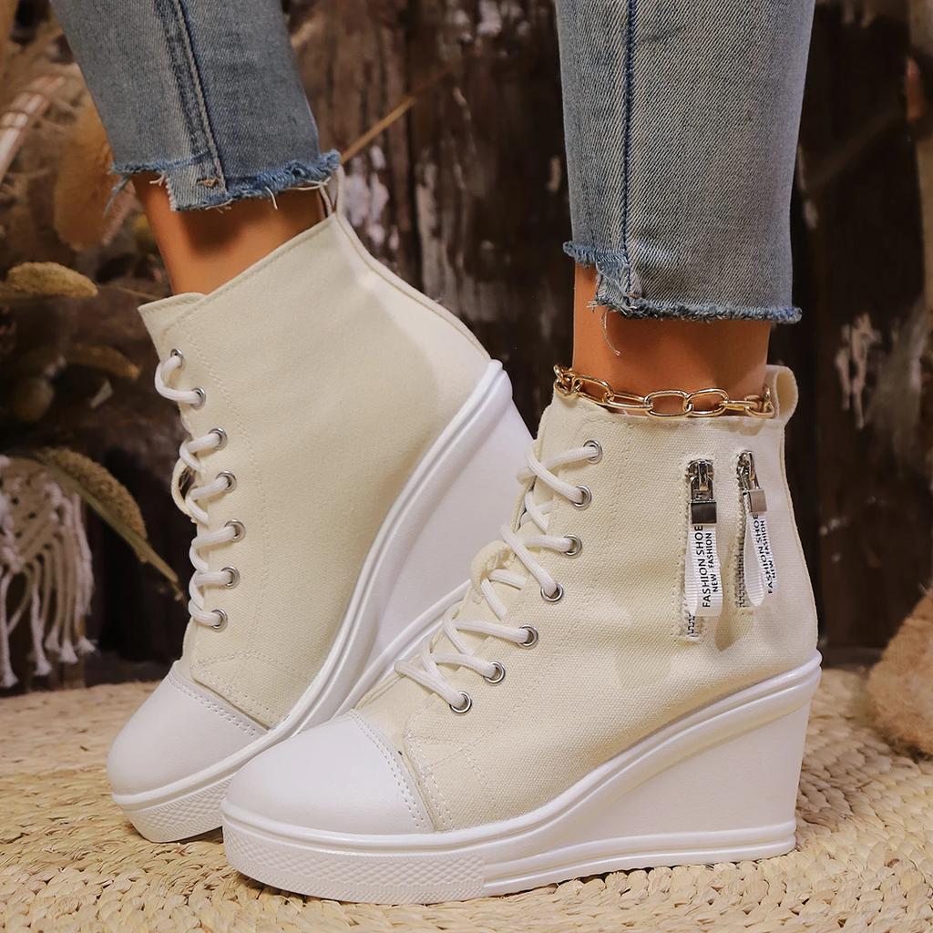 2025 New Women Lace-Up Platform Outdoor Wedge Invisible Heel Canvas Shoes Wedge Side Zipper Increased High Breathable Sneakers