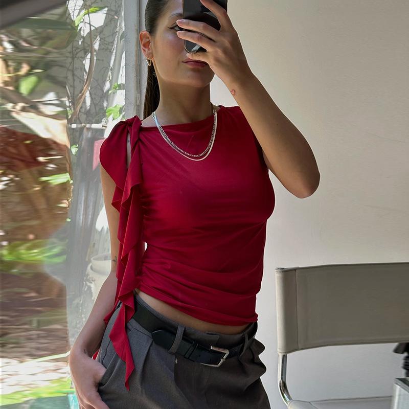 

Летний женский однотонный жилет с развевающимися кисточками, без рукавов, облегающий пуловер, футболка с круглым вырезом, повседневная уличная одежда Y2K L красный