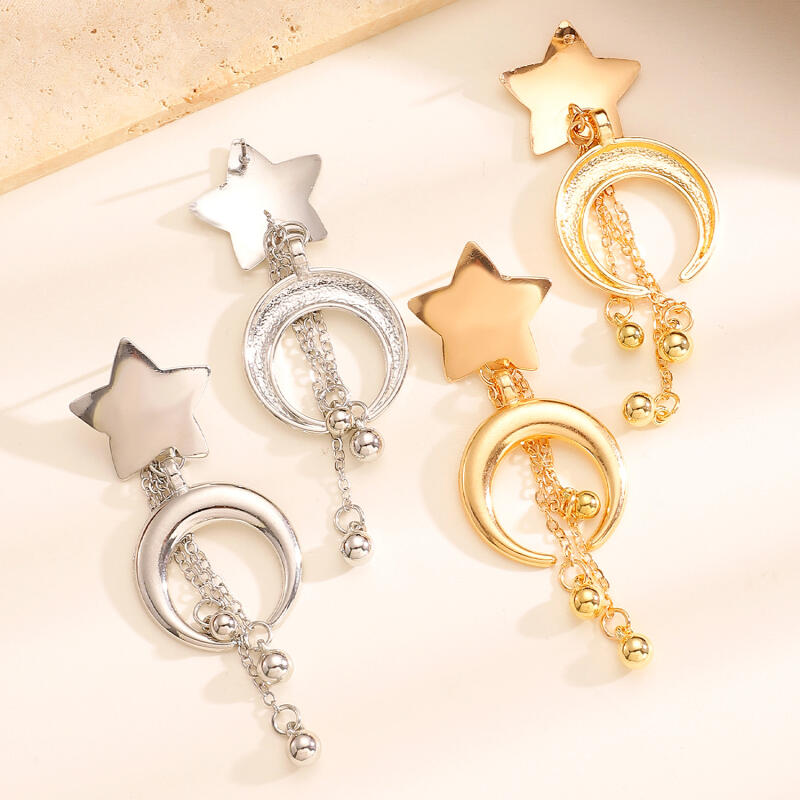 Exaggerated Metal Star Moon Dangle Earrings for Women Ladies Fashion Small Ball Tassel Drop Earrings Party Jewelry Accessories