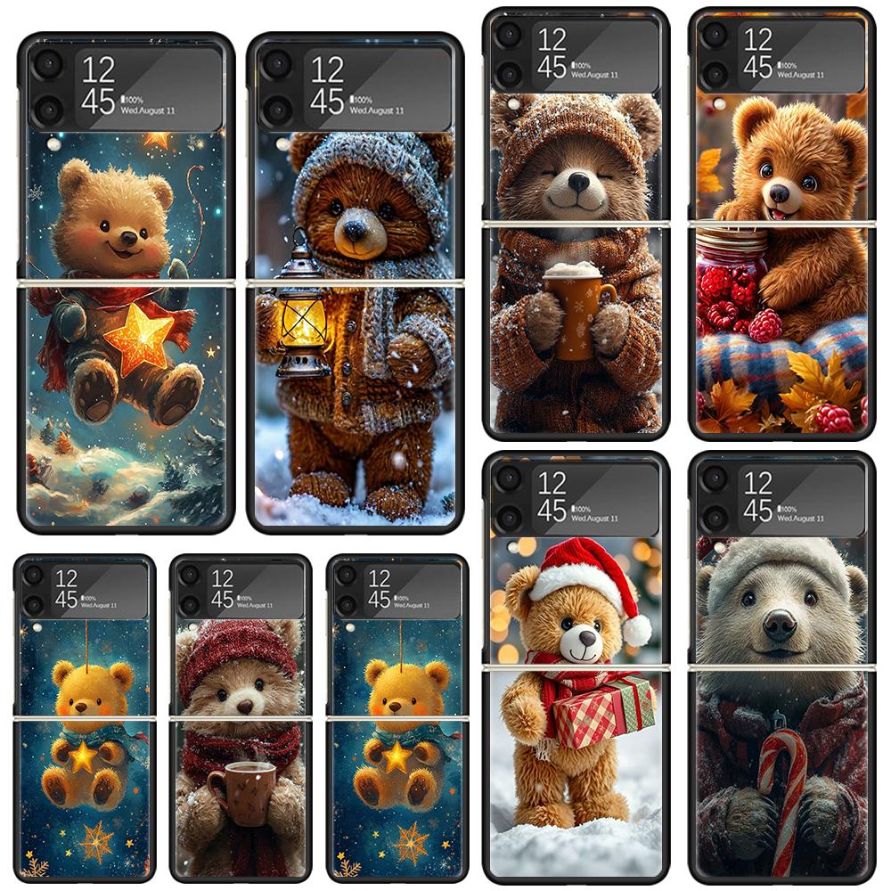 Animal Brown Cute Bear Phone Case Cover for Samsung Galaxy Z Flip 7 6 5 4 3 5G Flip3 Flip4 Flip5 ZFlip6 ZFlip7 Black Fundas Clea