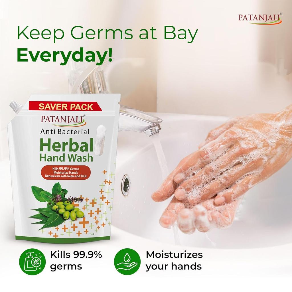 Patanjali Herbal Hand Wash Anti-Bacterial 1.5 L Refill Family Pack Gentle Moisturizing Hand Soap