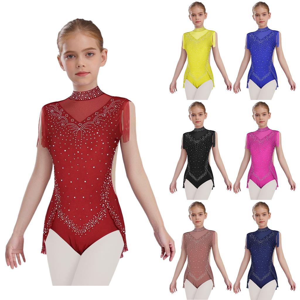 Girls Dance Costume - Shiny Rhinestone Leotard with Sheer Mesh, Invisible Back Zipper & Attached Tassel Skirt