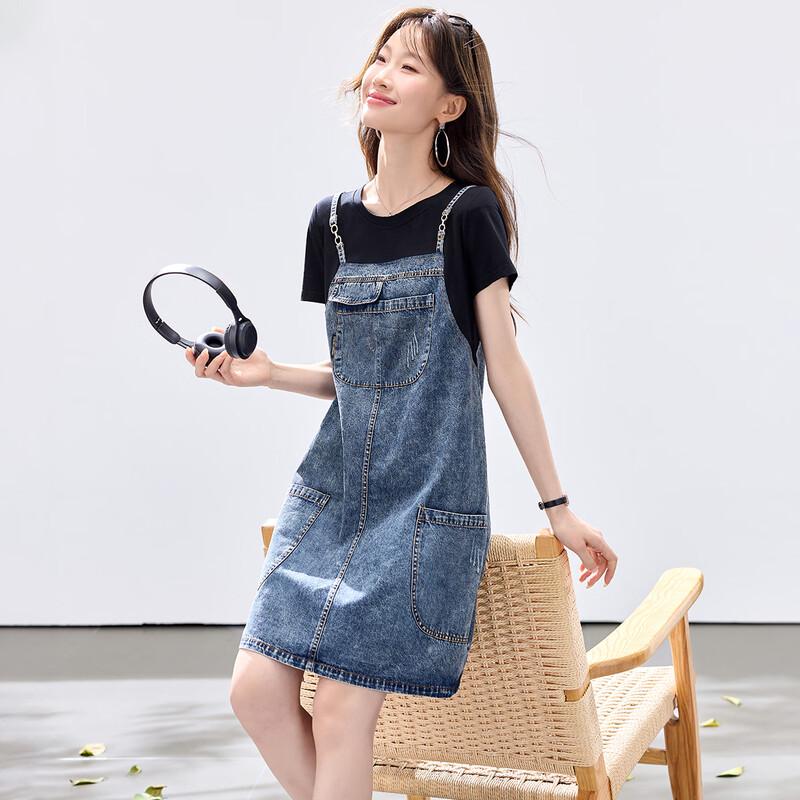 Sanpowa Women s Faux Two-Piece Color Block Denim Dress 2XL