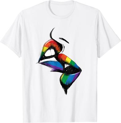 T-shirt d'été à manches courtes confortable et respirant pour couple avec drapeau arc-en-ciel et baiser lesbien