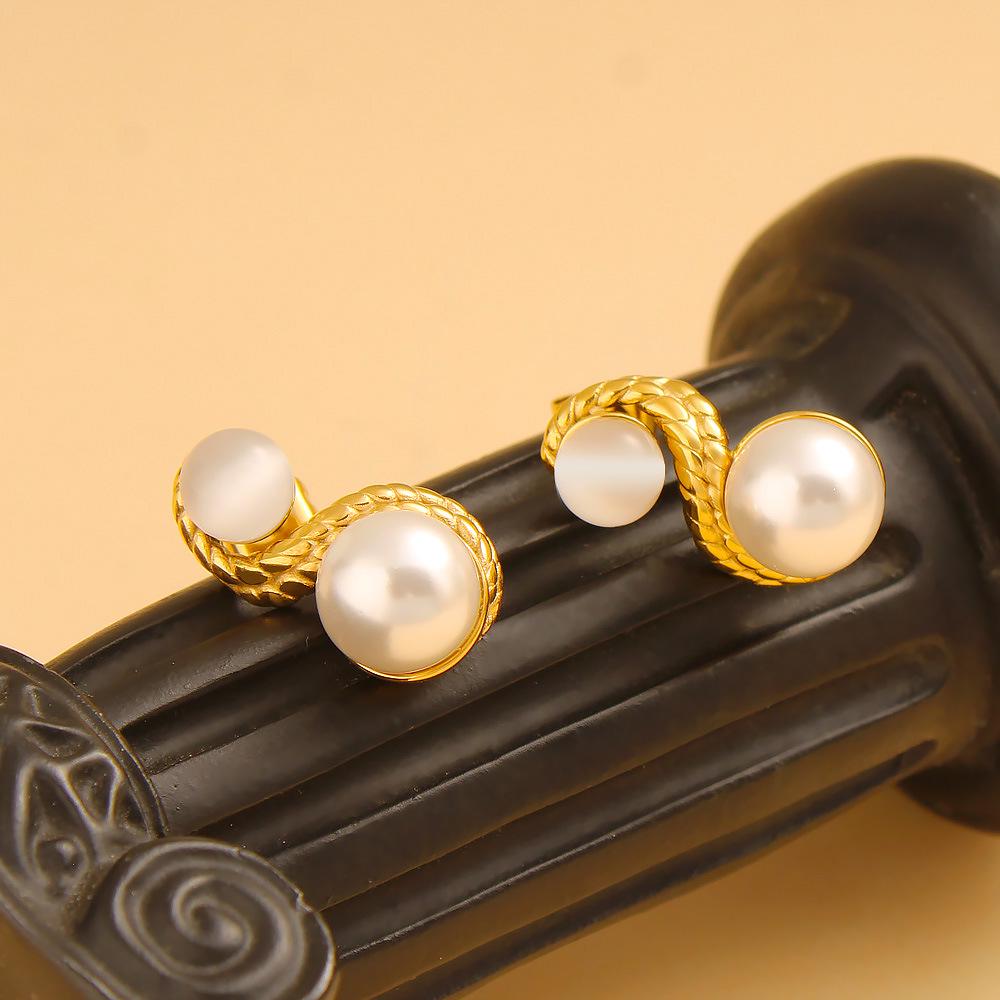 French Style Pearl Spiral Wave Titanium Steel Earrings