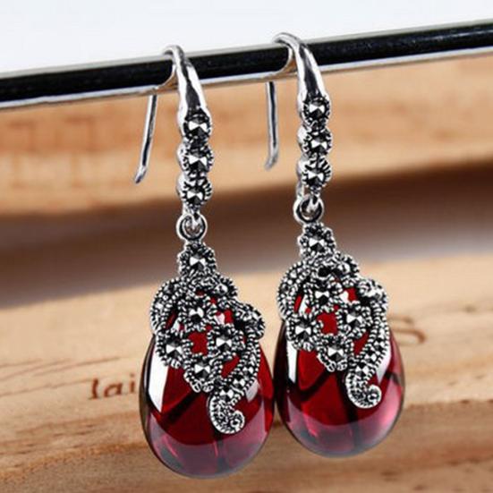 Vintage Women Faux Emerald Ruby Water Drop Dangle Hook Earrings Jewelry Gift